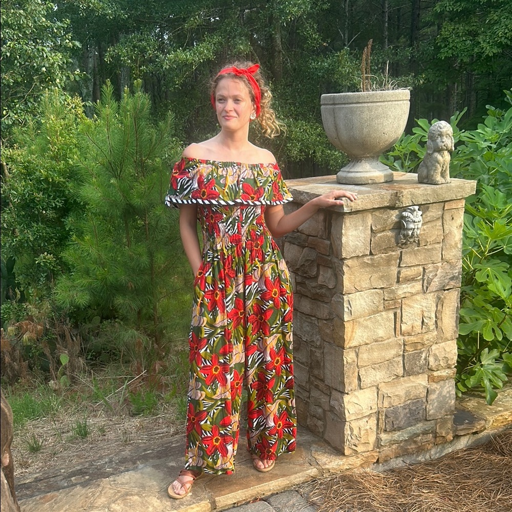 Vintage Maj Honolulu Hawaiian Floral Off-Shoulder Jumpsuit Sz M